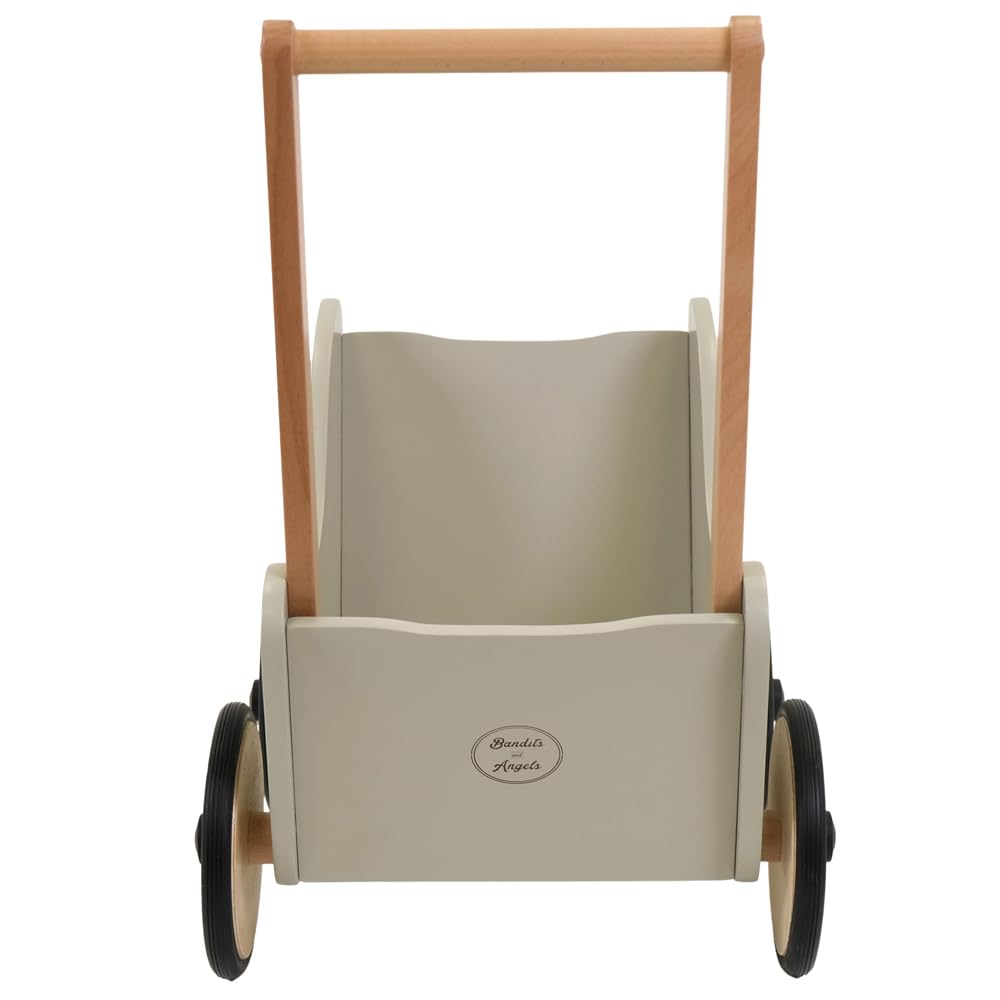 Bandits & Angels Puppenwagen Little Angel ab 1 Jahr - Puppenwagen aus Holz - Für Mädchen - Für Puppen bis 42 cm - Gummiräder (Olive Green)