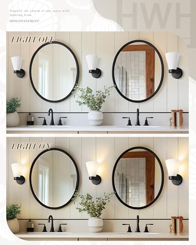 Image of Bathroom Wall Sconce Set of Two, HWH Wall Vanity Light with Frosted White Striped Shade, Industrial Wall Lamp Matte Black for Bathroom Doorway, 5HZG97B-2PK BK