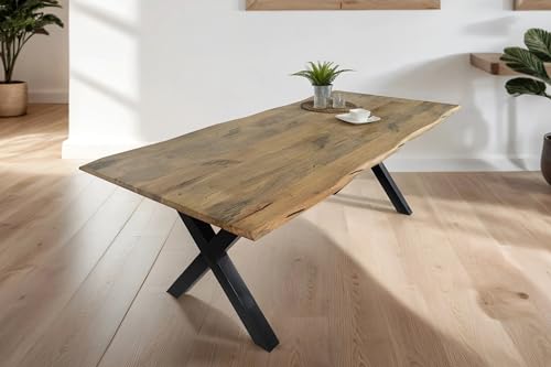 SAM Esstisch Tiger 220 x 100 cm, Mangoholz massiv & naturfarben, Baumkantentisch mit X-Metallgestell in Schwarz, echte Baumkante, Esszimmertisch in Vintage-Optik