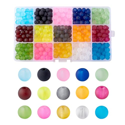 KISSITTY 400pcs/box 8mm 15 Color Frosted Glass Round Beads Set for Jewelry Craft Making Summer Beach Home Decor with Container
