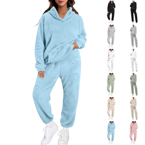 DUHGBNE Ladies Tracksuit Sets for Women UK Ladies Tracksuit Sets Oversized Loose Fit Fleece Long Sleeve Hooded Sweatshirt Top with Big Pocket Elastic Waist Wide Leg Jogger Bottoms Women
