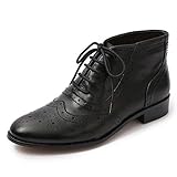 Mona flying Women's Leather Lace-up Wingtip Oxfords Brogue Boots Ankle High Vintage Tie up Booties Ladies Low Heel Short Boots Black