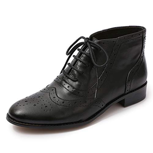 Mona flying Women's Leather Lace-up Wingtip Oxfords Brogue Boots Ankle High Vintage Tie up Booties Ladies Low Heel Short Boots