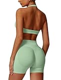 IMEKIS Conjunto de gimnasio para mujer, para yoga, con sujetador de cuello con soporte, talle alto, pantalones cortos, 2 piezas, ropa deportiva para entrenamiento, fitness, para jogging, pilates