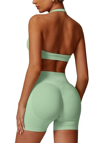 ABOCIW Workout Sets for Women 2 Piece seamless Halter Sports Bra Scrunch Butt Impact Shorts Gym Yoga Outfits