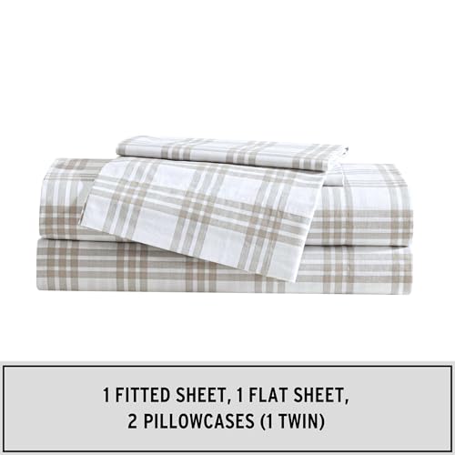 Image of Eddie Bauer - Queen Sheet Set with Fitted Sheet & Pillowcases, 100% Cotton Percale Bedding, Crisp & Cool, Deep Pocket, Basic Plaid Beige