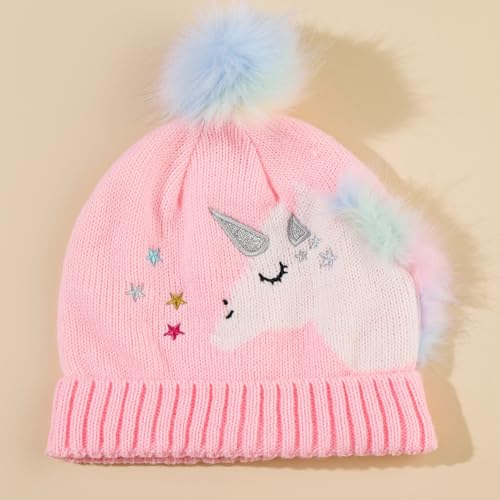 Toddler Kids Girls Winter Knit Unicorn Beanie Hat and Gloves Set with Pom Pom Age 2-8 Yrs3