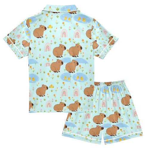 senya Capybara with Duck on Rainbow Satin Summer Pajama Sets Silk Short Sleeve Button Down Sleepwear2