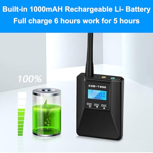 YOVDA T200 FM Transmitter, Portable Radio Transmitter for Church With Clip Microphone, 1000mAh Rechargeable Stereo Station for Meeting/Tourism/Church/School