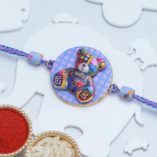 Image of eCraftIndia Teddy Bear Bro Design Rakhi for Kids Girls Boys with Best Bro Ever Fridge Magnet | Raksha Bandhan Fridge Magnet Kids Rakhi for Brother Bhaiya Bhai | Roli Chawal Pack