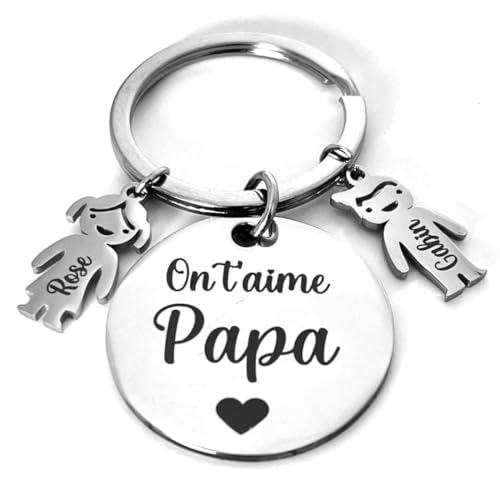 Porte-Clés Papa Personnalisé gravé avec Prénoms Enfants sur personnages en acier inoxydable - idée Cadeau Fête des Pères, cadeau d'anniversaire pour Papa