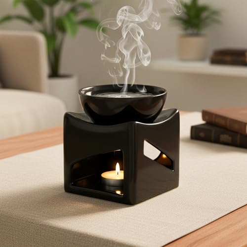 Image of Floryn Decor Ceramic Oil Burner Diffuser for Home & Office | Aroma Oil Burner with Tealight Candle | Ceramic Fragrance Diffuser for Aromatherapy, Relaxation & Home Decor (100ml) (Black)