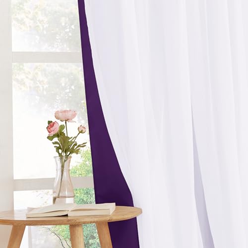 Image of PONY DANCE Bedroom Curtains Purple, 52 inch Wide and 63 inch Long, Royal Purple | Mix & Match Room Darkening Curtains with White Crushed Sheer Voile, 2 Panels