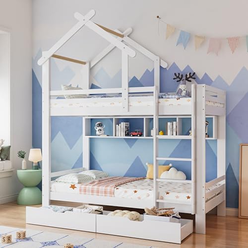 Etagenbett 90x200, Kinderbett Hochbett für 2 Kinder, Hausbett mit 2 Schubladen&Regalen&Dach&Leiter, Kinderhochbett mit Rausfallschutz&Lattenrost, Bettgestell Stockbett Familienbett, Massivholz, Weiß