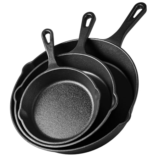 GinngaEx Cast Iron Skillets 3-Piece Frying Pan Set Chefs Pan Oven Safe Cookware for Indoor & Outdoor Use - Grill StoveTop