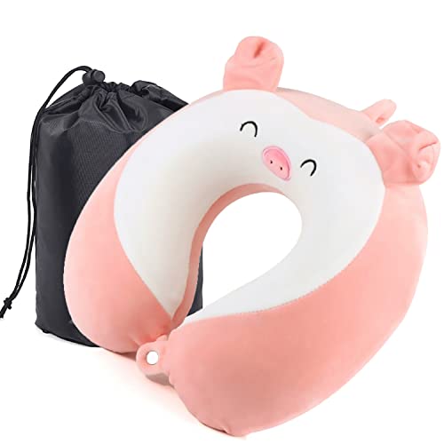 MASMAS Almohada de Viaje Cerdo Rosa 3D, Cojín para Cuello Viscoelástica de Espuma Memoria, Cómoda para la Cervical, Ortopédica Soporte de Nuca para Viajar Coche Avión Bus (Rosa Cerdo)