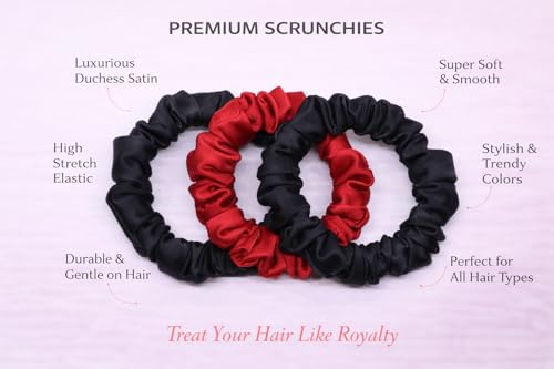 Image of Satin Scrunchies Hair Bands for Women | No-Damage Elastic Hair Ties for Ponytails & Buns | Fluffy & Stylish Rubber Bands | Free Size | Pack of 3 (Set of Black and Maroon Red Color)
