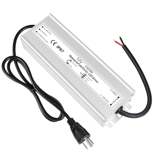 Image of LightingWill LED Driver 150 Watts Waterproof IP67 Power Supply Transformer, 90-265V AC to 12V DC Low Voltage Output, Adapter with 3-Prong Plug 3.3 Feet Cable for Outdoor Use, Computer Project