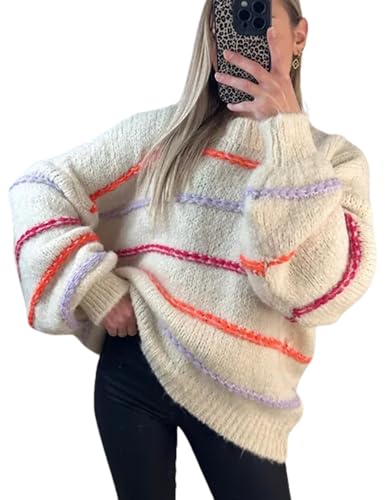Image of QIBABU Womens Striped Sweaters Casual Lantern Sleeve Color Block Knit Pullover Sweater Tops