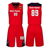 HDSD Benutzerdefiniert Trikot Kinder Erwachsene Basketball Jersey & Shorts 2 Teiliges Set Name Nummer Team Logo Personifizieren Basketball Trikots (rot)