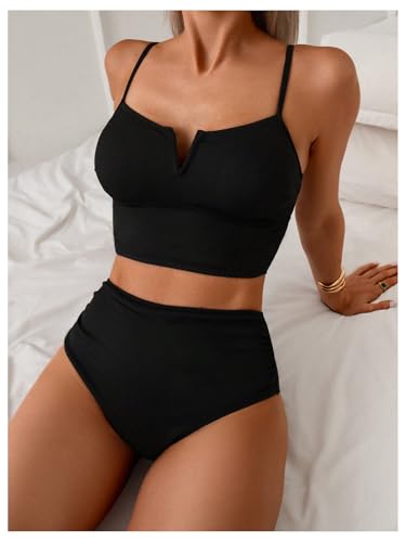 SweatyRocks Women's High Waisted Bikini Sets V Neck Twist Back Top Swimsuit Tummy Control Bathing Suit4