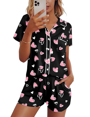 Image of Ekouaer Womens Pajama Sets Button Down Lounge Set 2 Piece Loungewear Soft Sleepwear Short Sleeve Pjs with Pockets