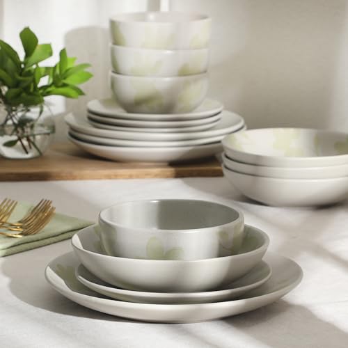 Image of Gibson Home Admiral Hall Plates and Bowls Set, 16-Piece Floral Dinnerware Set, Green Stoneware Dish Set, Dinner Plates, Salad Plates, Pasta Bowls & Cereal Bowls