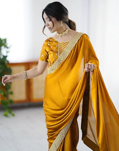 Image of SIRIL Women's Chiffon Sequence Embroidery Lace Saree with Unstitched Blouse Piece