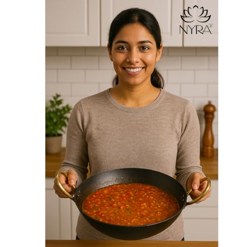 Image of NYRA PureTraditional Black Iron Kadhai for Cooking | Induction Compatible | Heavy Base | Loha Kadai Lokhand /Lokhandi with Handle (Medium)