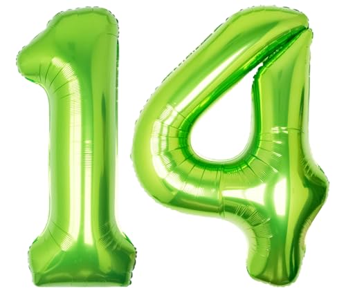 Image of 40 Inch Green Number 14 Balloon Lime Big Large Helium Number 0-9 | Giant Digital 14th Foil Mylar Party Balloon for Birthday Party Anniversary Graduation Decorations