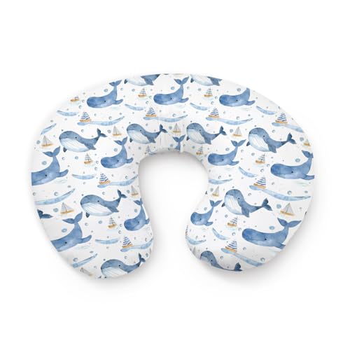 Image of Watercolor Ocean Whale Pattern Nursing Pillow Cover, Unisex Sea Animals Sailboats Removable Breastfeeding Pillowcase Slipcover for Baby Girls Boys Newborns Toddlers, Cover Only