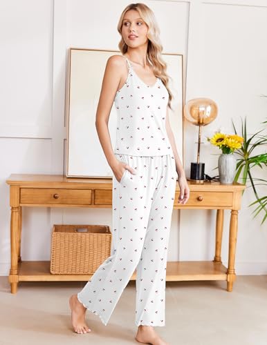 Image of Ekouaer Womens Y2K Cami Pajama Set with Flare Pants, 2 Piece Lace Trim Sleepwear Spaghetti Strap Pjs Set XS-2XL
