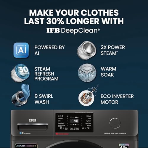 Image of IFB 7 Kg 5 Star, DeepClean Technology, AI Powered, WiFi, Fully Automatic Front Load Washing Machine (SERENA OXN 7012 CMS, PowerSteam, 9 Swirl, Steam Refresh, Inbuilt Heater, Eco Inverter, Onyx)