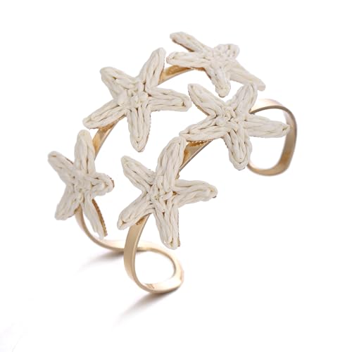 Handmade Raffia Starfish Cuff Bracelet for Women - Colorful Adjustable Wide Open Bangle, Statement Tropical Beach Jewelry