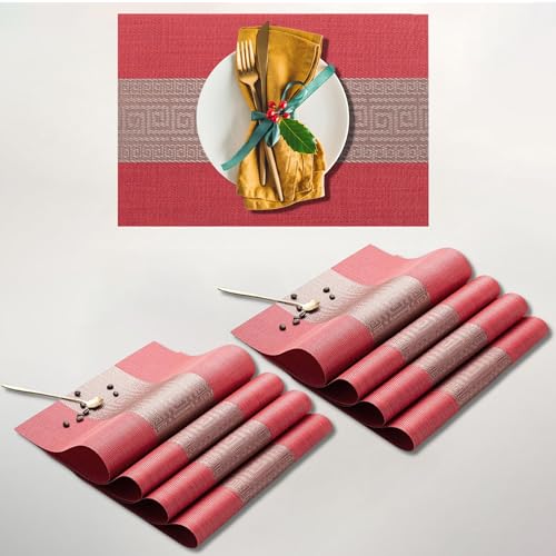Image of YELONA Placemats Set of 8, Heat-Resistant Woven Vinyl Table Mats, Non-Slip & Washable Dining Tablemats for Kitchen & Dinner Decor, Scarlet Red (45cm x 30cm)