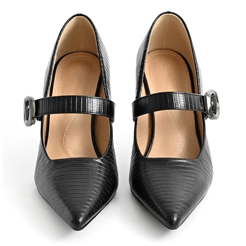 Women's Closed Pointed Toe Kitten Heel Mary Jane Pumps Elegant Leather Embossed Adjustable Buckle Strap Fashion Dress High Heels Stiletto Work Shoes4