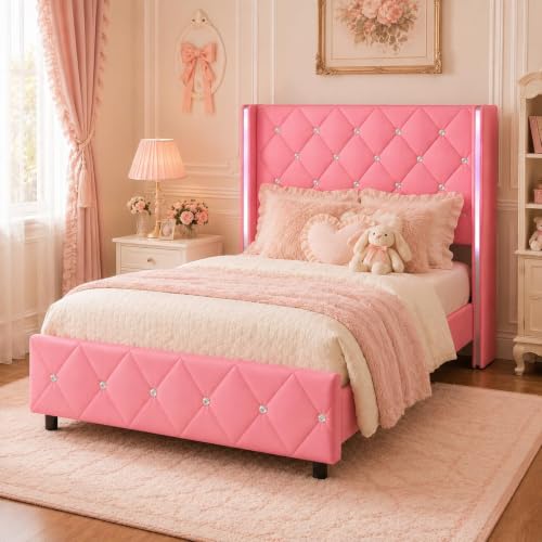 HOMBCK Twin Bed Frame with Silverside Wingback Headboard Bed Frame Twin Size with Diamond Tufted Design No Box Spring Required Easy Assembly Pink