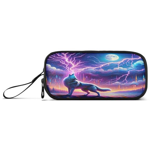 Image of Wolf Howling Moon Lightning Pencil Case Box Boys Girls Large Pencil Pouch with Zipper Compartments Big Capacity Stationery Pen Bag Organizer for Kids Teens Adults School