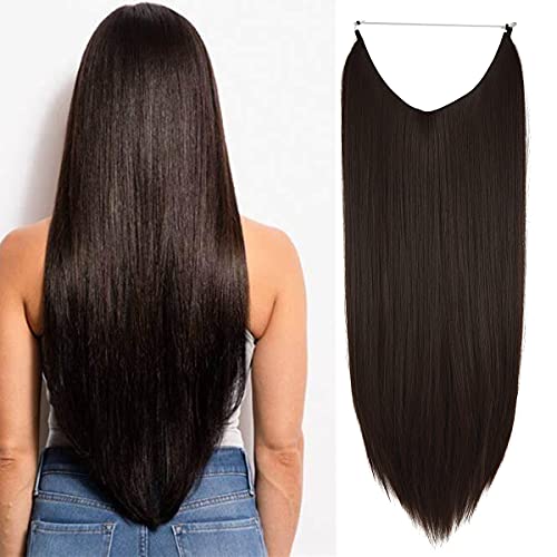 Halo Hair Extensions Dark Brown Straight 22 Inch Long Synthetic Hairpieces Secret Wire Headband for Women Heat Resistant Fiber No Clip