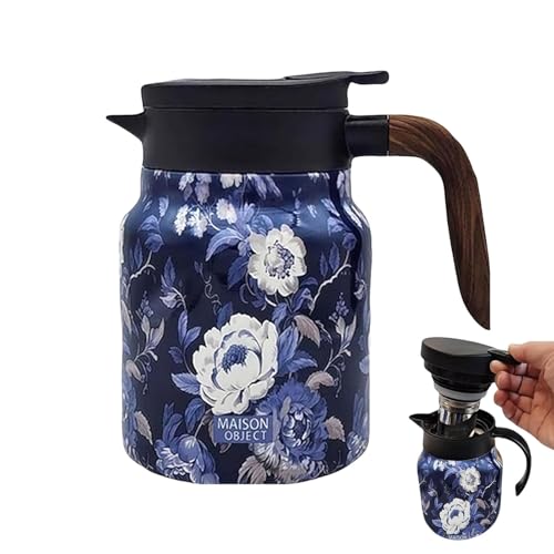 caliente – Vaso de té con diseño floral vintage con infusor integrado | aislada con mango de madera, jarra térmica de acero inoxidable con tapa