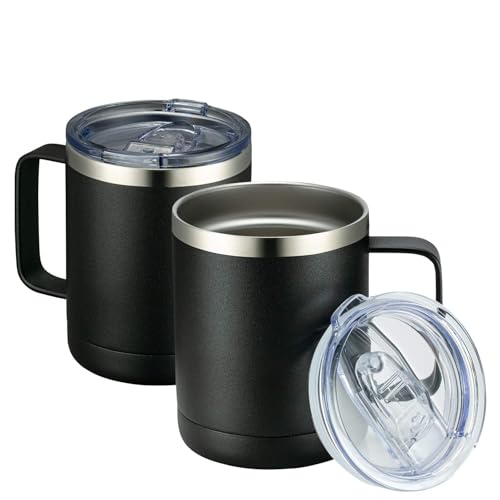 Image of MEWAY 12oz /2Pack Double Wall Vacuum Insulated Travel Mug with Handle, Stainless Steel Tumbler with Lid, Durable Powder Coated Insulated Coffee Cup for Cold & Hot Drinks (Black, 2)