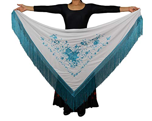 AMINA Mantón pico flamenco con flecos. Bordado a una cara. Bordado y flecos azules. Grande 190X90cm