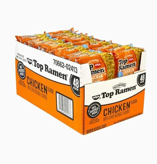 Nissin Top Ramen The Original Chicken Flavor Ramen - Sopa de fideos ramen, 3 onzas (paquete de 48) sin MSG añadido