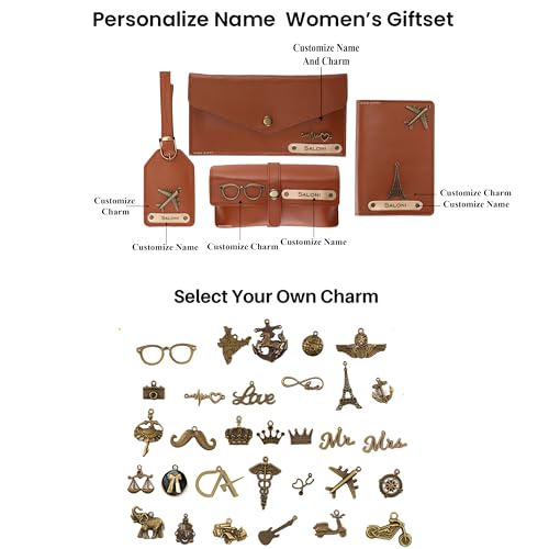 Image of AICA Personalised Name & Charm Womens Leather Combo Gift Set (Tanbrown) | Gifts for Women| Customised Gift Hamper for Woman