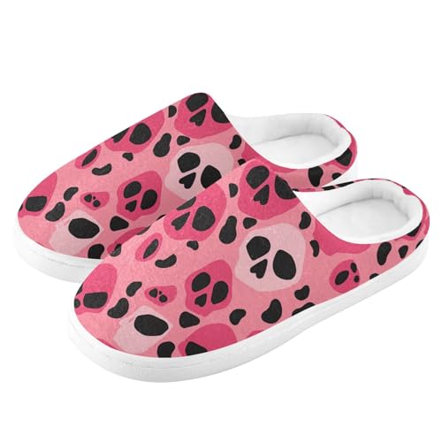JUNZAN Halloween Skull Leopard Camouflage Pink Women Cotton Slippers Non Slip Memory Foam Mens Slippers for Hospital Birthday Presents 6-74