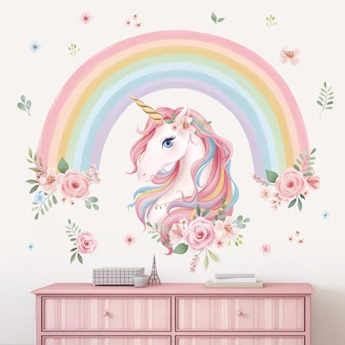 wondever Large Rainbow Wall Decals Unicorn Flower Peel and Stick Wall Art Stickers for Girls Bedroom Kids Room Baby Nursery - Image 2