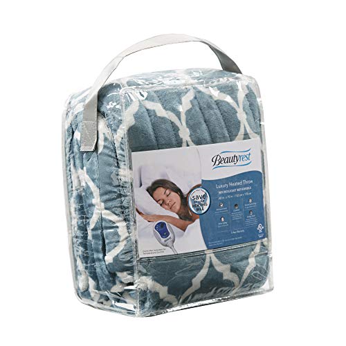 Beautyrest Ogee Printed Plush Electric Blanket For Cold Weather, Fast Heating, Auto Shut Off, Virtually Zero Emf, Multi Heat Setting, Ul Certified, Machine Washable, Teal Oversized Throw 60X70 #TOP5