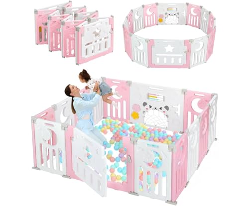 Baby Playpen, Dripex Baby Playard for Babies and Toddlers, 14-Panel Foldable Playpen Adjustable Portable Play Area, Indoor/Outdoor Kids Active Center with Game Panel & Safety Gate, Pink White