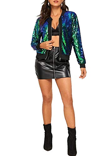Womens Casual Sequin Sparkle Long Sleeve Stand Collar Zipper Blazer Bomber Crop Jacket Tops