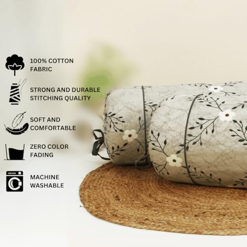 Image of AURAVE Cotton Printed Floral Bolster Cover with Drawstring Closure, Set of 2, Soft Breathable Durable Machine Washable for Sofa Bed & Home Decor, 15 inchx30 inch, Grey | Cover Only